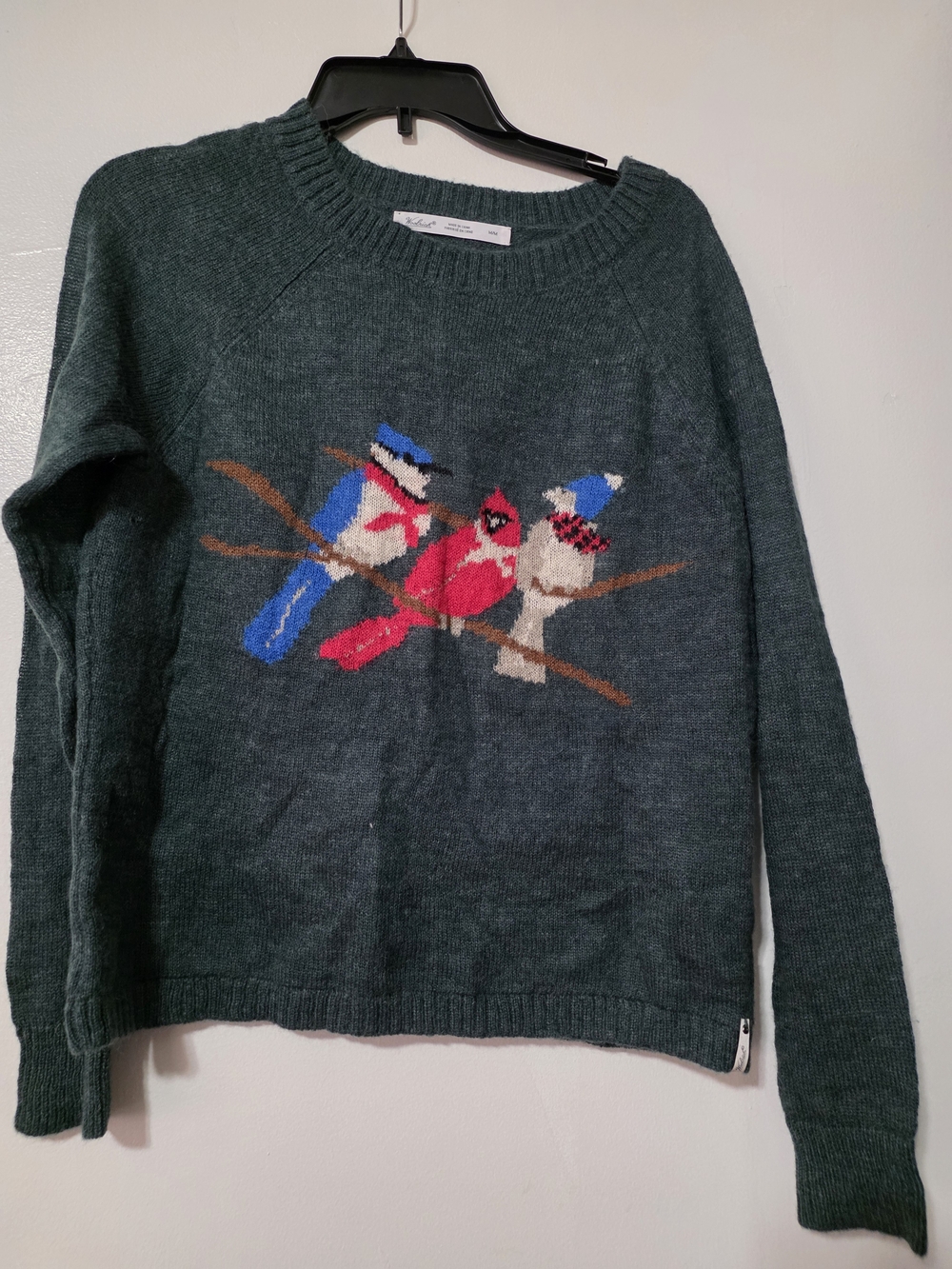 Woolrich Dark Green Crewneck Sweater with Colorful Bird Motif